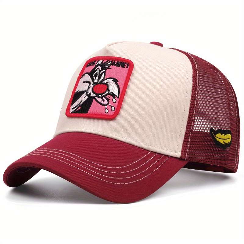 1pc Unisex Adjustable Breathable Trucker Hat with Cartoon Embroidery Mesh Back Panel Durable