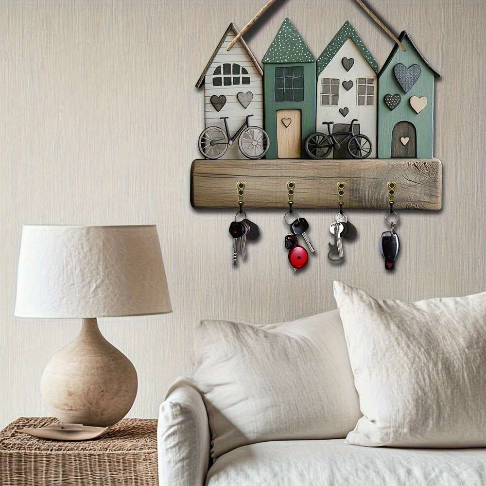 A Creative Small House And Bicycle Wall-Mounted Key Holder Featuring a Simple And Colorful Wooden K