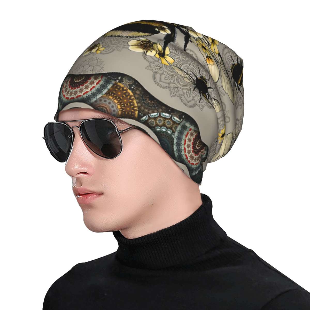 Fashionable Men'S Novelty Bee And Floral Print Skull Cap Polyester Knit Beanie With Elast