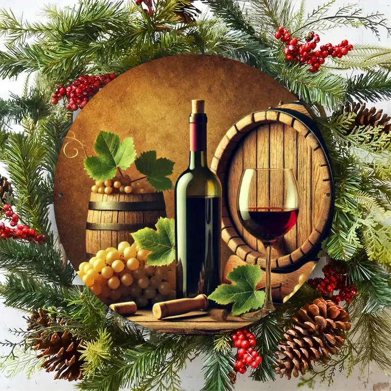 Vintage-Themed Grape And Barrel 2D Round Aluminum Sign High-Definition Foil Engraving Wall Decor