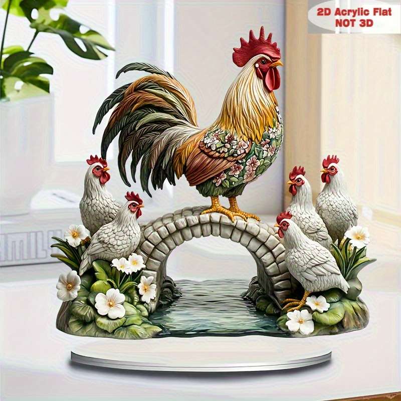 1pc 2D Flat   Bohemian Style Acrylic Rooster and Hen Decoration  Desktop Display with Fl