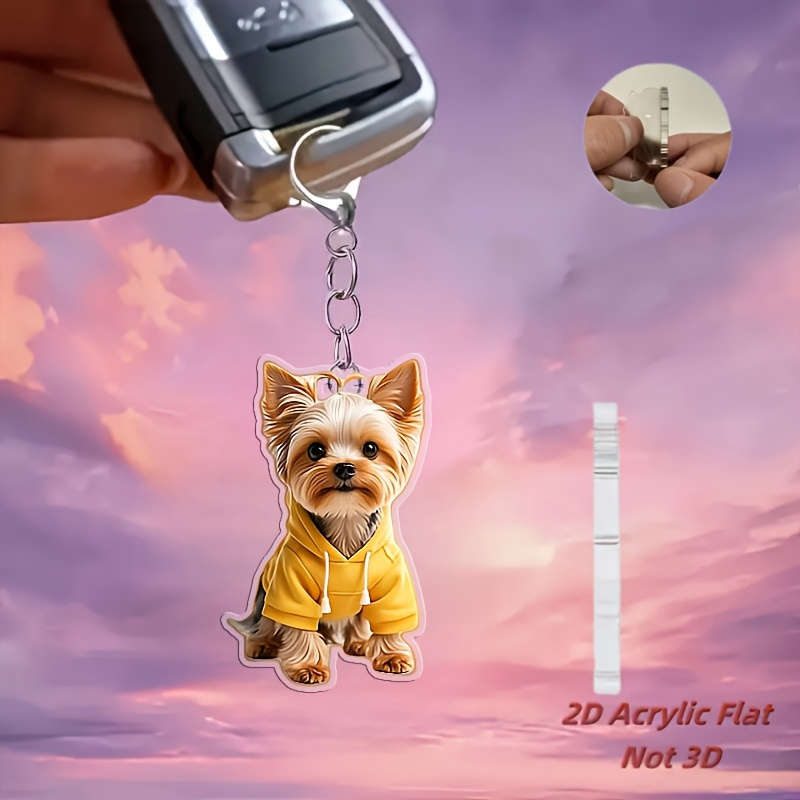 2D Flat Acrylic Keychain With Adorable Yorkshire Terrier Puppy Design 0.37Cm
