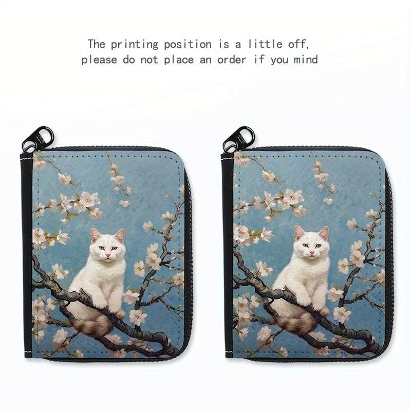 Street Style Faux Leather Wallet With Geometric Cat On Tree Print Lightweight Unlined Zip