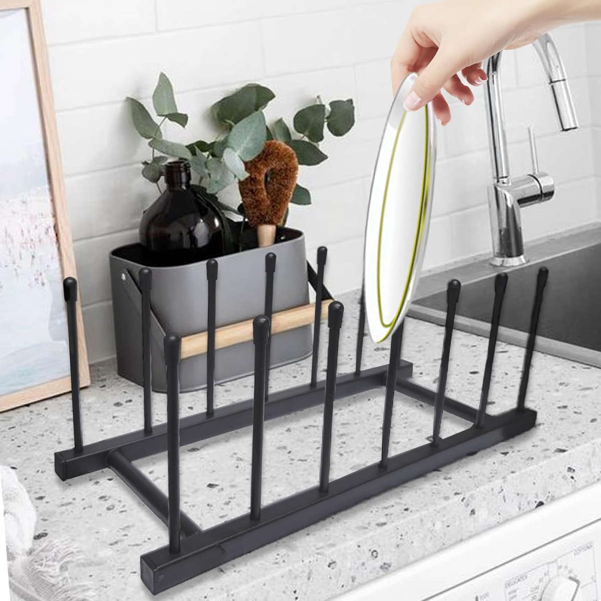 1 Set Space-Saving Kitchen Counter Dish Rack with Baseball Cap Display Durable Black Metal an