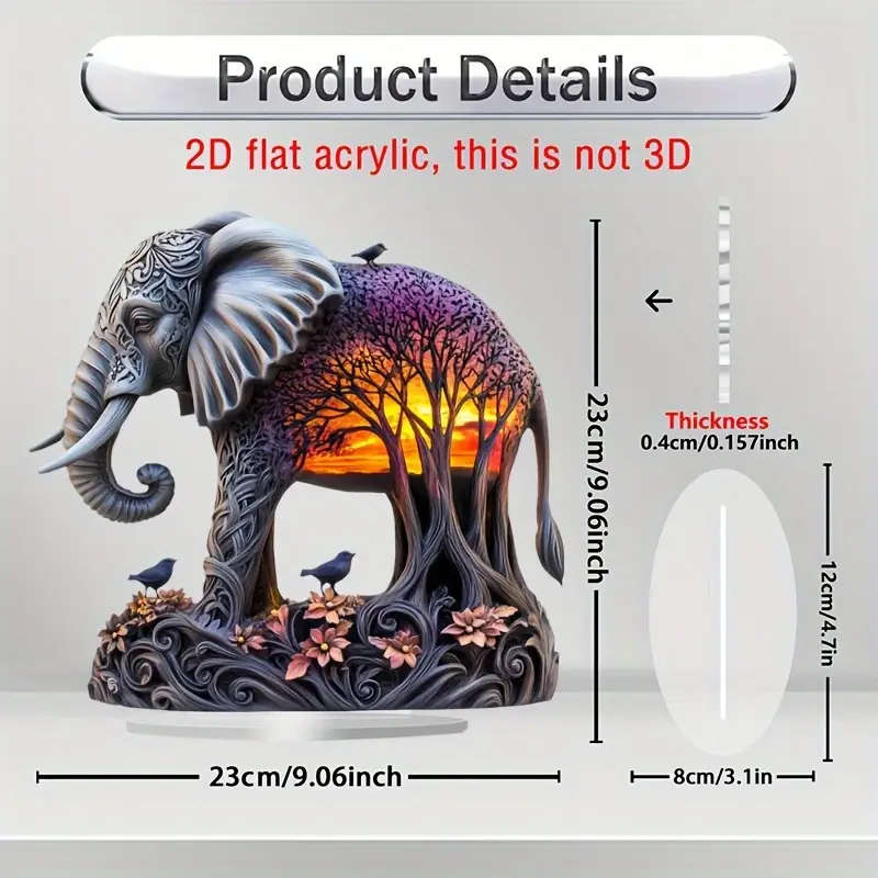 1pc 2D Flat Bohemian Sunset And Forest Elephant Decorations Acrylic Material Tabletop Boho Style