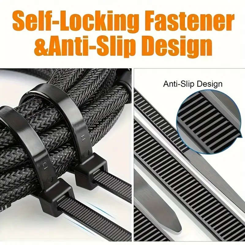 300pcs Durable Black Nylon Cable Ties - Adjustable Self-Locking Zip Ties
