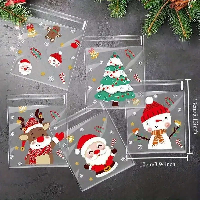 50 Self-Sealing Cellophane Christmas Candy Bags 5 Different Santa Claus Designs