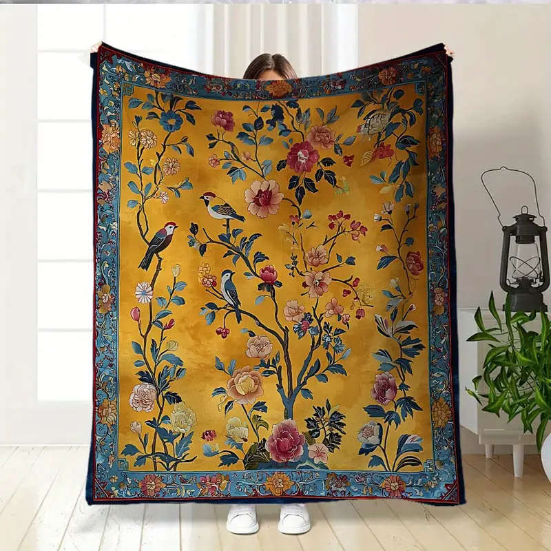 1 Bohemian Floral And Bird Print Flannel Blanket 130*150cm