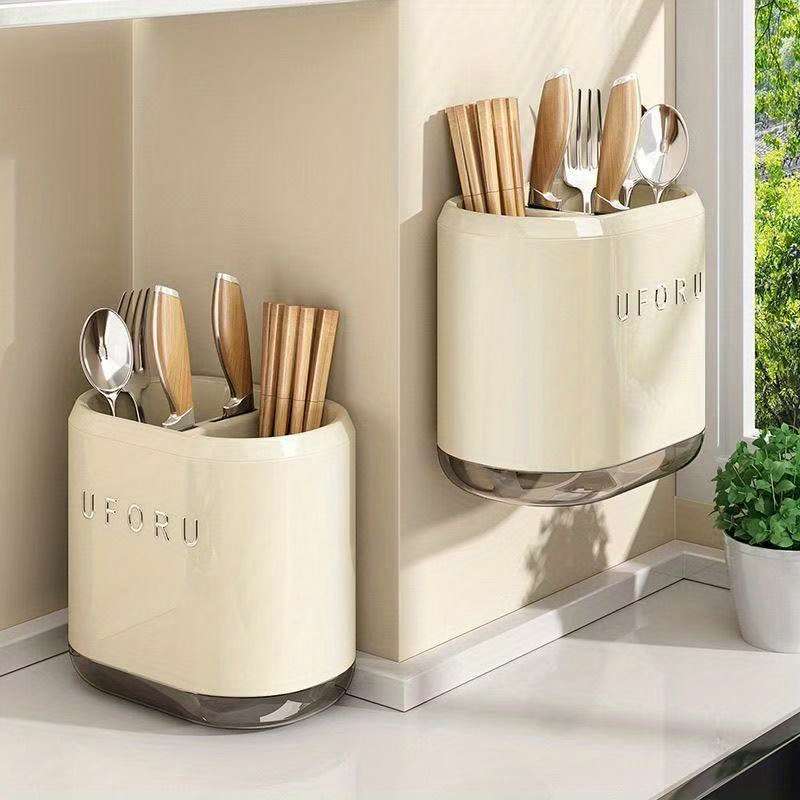 1pc Wall Mounted Kitchen Utensil Rack Plastic No Drilling Required Knife Holder with Drainag