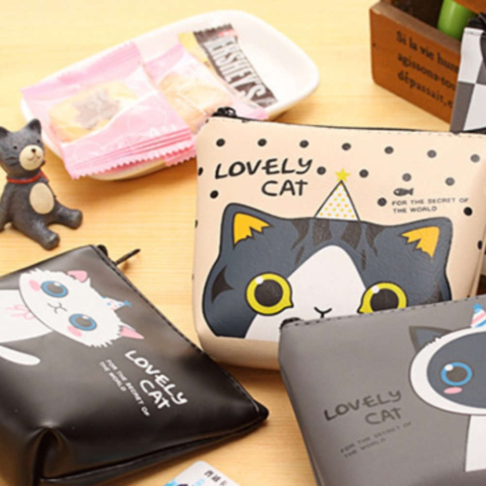 Women'S Cat-Themed Zipper Coin Purse Compact Wallet With Adorable Cartoon Kitty Design Multi