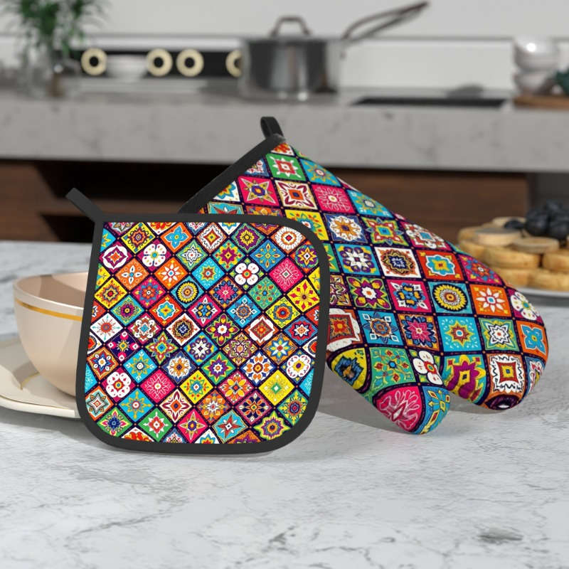 2pcs Floral Pattern Oven Mitts and Potholders Set Heat Resistant Polyester Kitchen Accessories