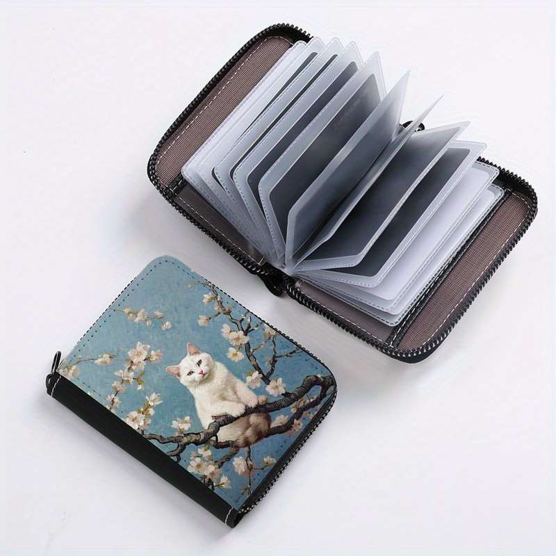 Street Style Faux Leather Wallet With Geometric Cat On Tree Print Lightweight Unlined Zip