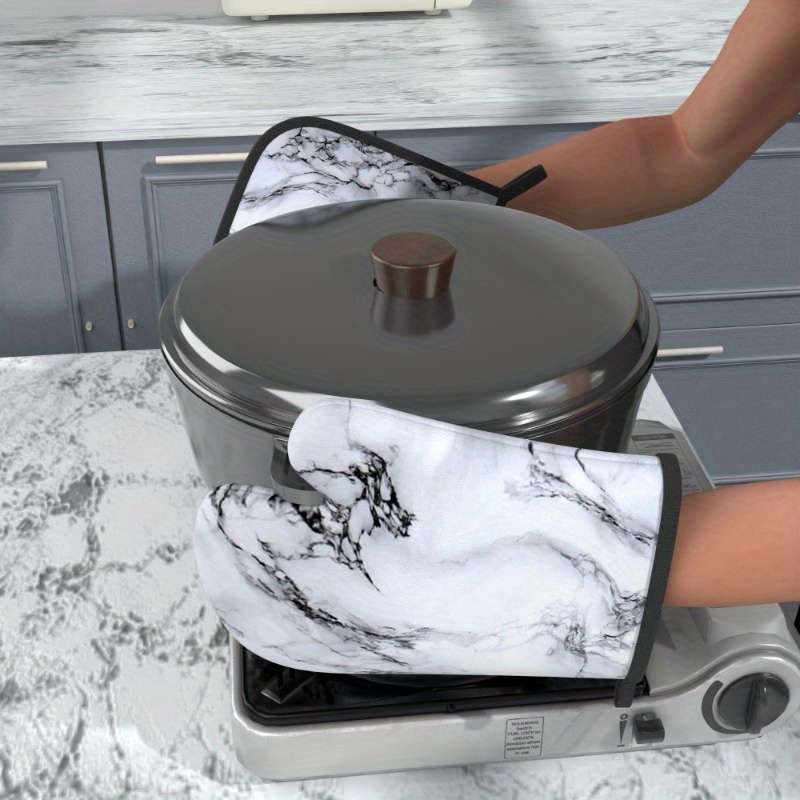 2pcs Marble Pattern Polyester Oven Mitts Heat Resistant Pot Holders Woven Machine Washable