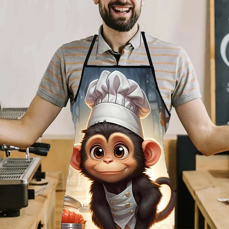 1pc Fun Monkey Chef Hat Printed Sleeveless Polyester Apron for Home Kitchen Baking Durable L