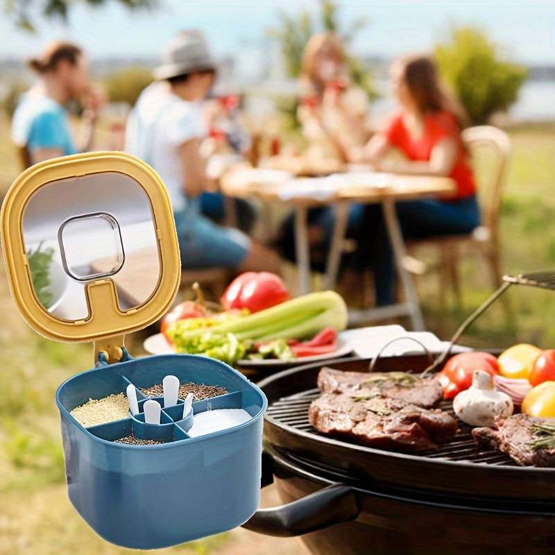 1pc 4-in-1 Large Capacity Seasoning Box with Lid and Spoon Durable ABS Material Four Compar