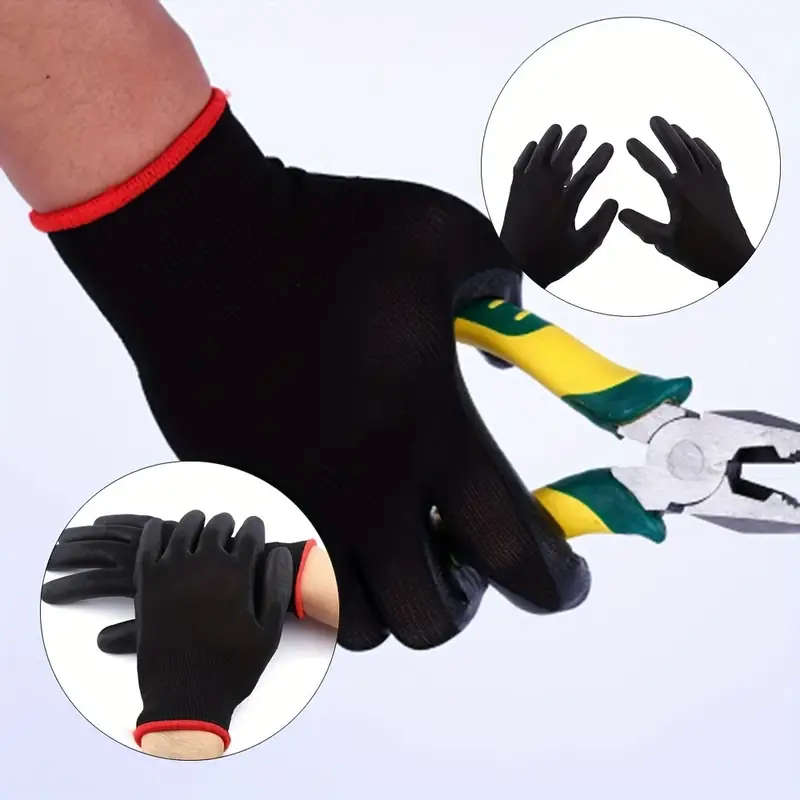 8pcs Durable Black Work Gloves Size S Non-Slip Tear-Resistant PU Coated Palm for Gardening Construct