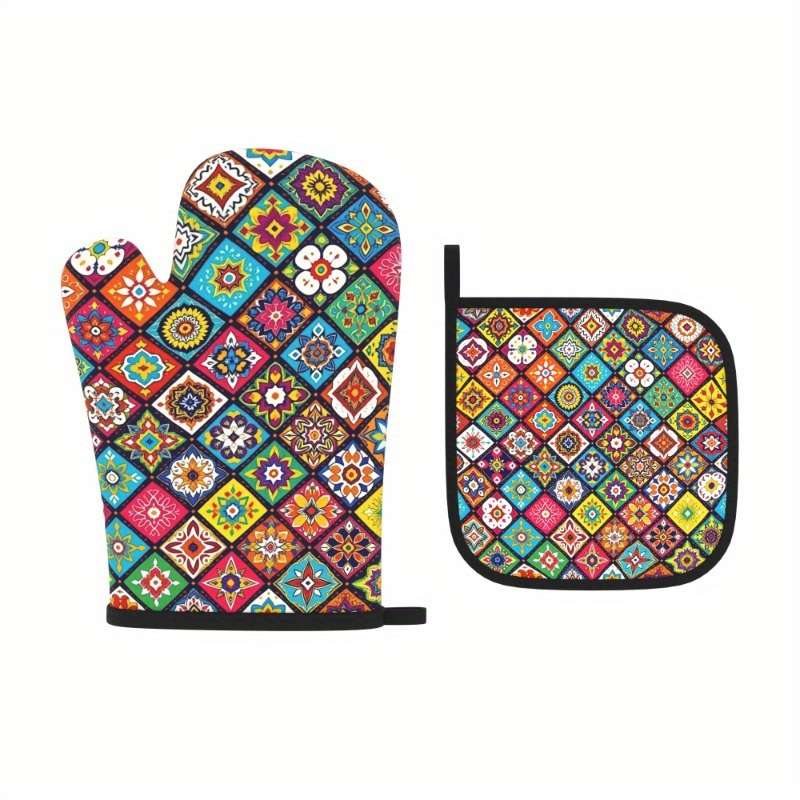 2pcs Floral Pattern Oven Mitts and Potholders Set Heat Resistant Polyester Kitchen Accessories