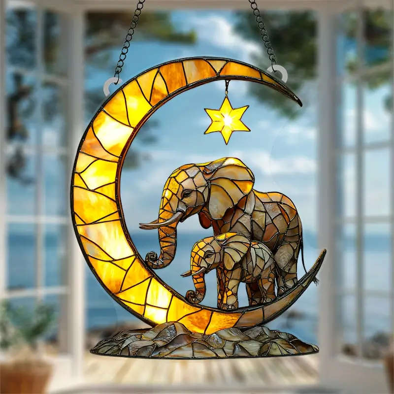 Elephant Family Moon Light Catcher 17.78Cmx20.32cm Acrylic Window Ornaments