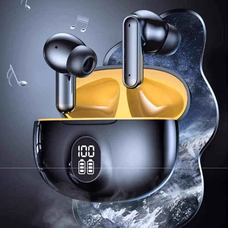 Sleek Black Yellow Wireless Earbuds with LED Power Indicator Hi-Fi Stereo Sound Anime-Inspired Desig