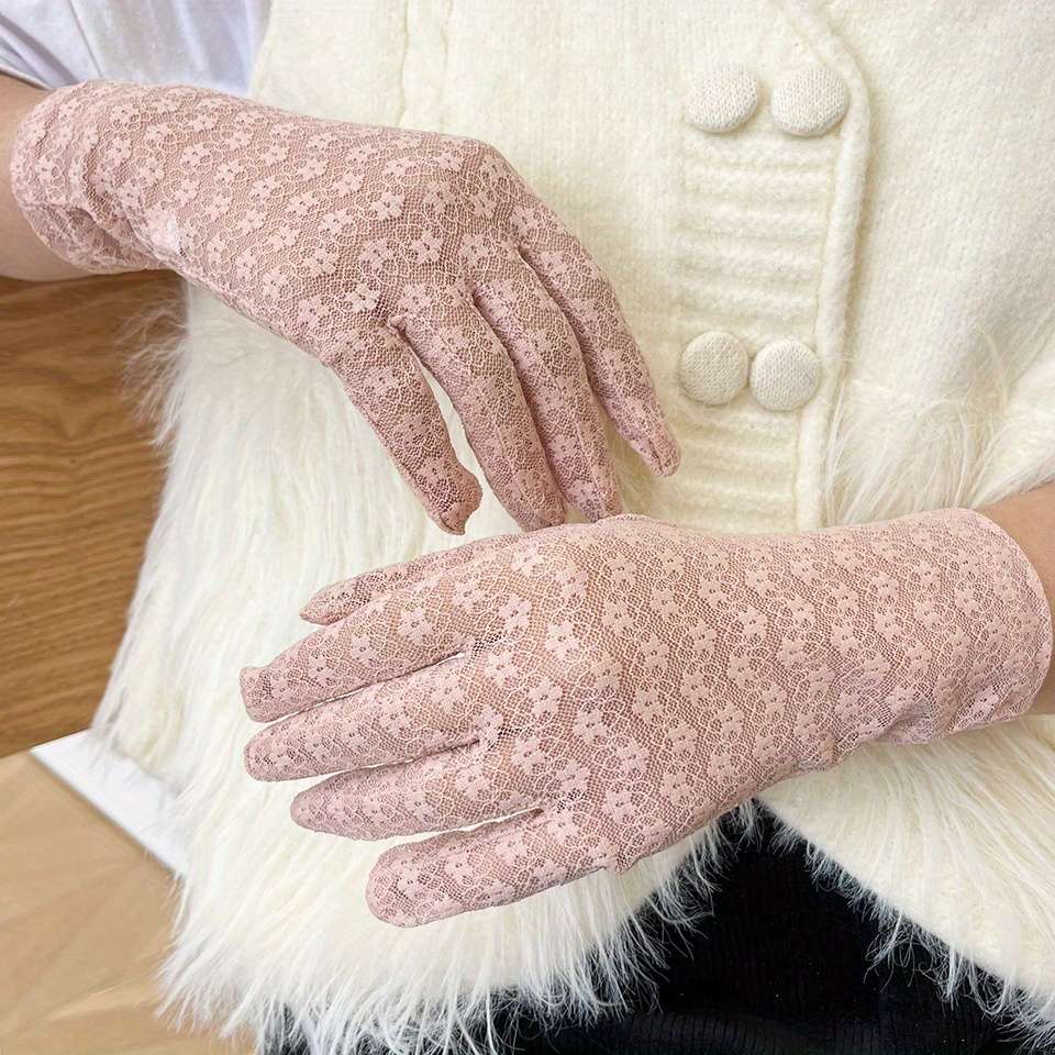 1 Pair Grey One Size Floral Lace Gloves