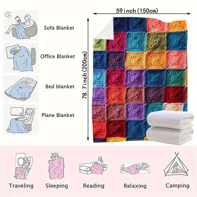 1 Brightly Colored Crochet Printed Flannel Blanket 150*200CM