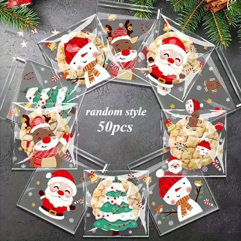 50 Self-Sealing Cellophane Christmas Candy Bags 5 Different Santa Claus Designs