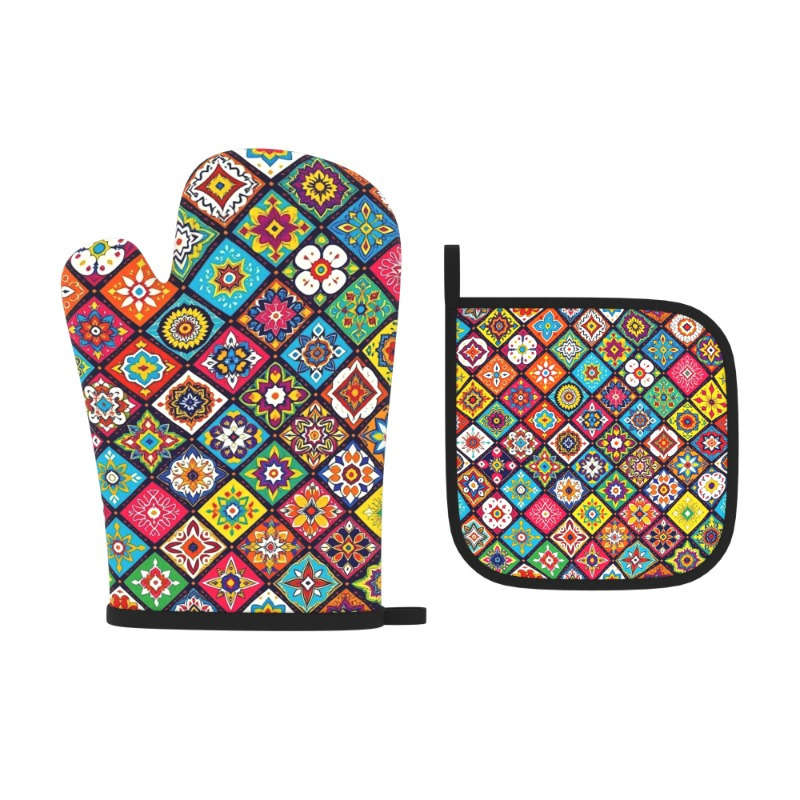 2pcs Floral Pattern Oven Mitts and Potholders Set Heat Resistant Polyester Kitchen Accessories