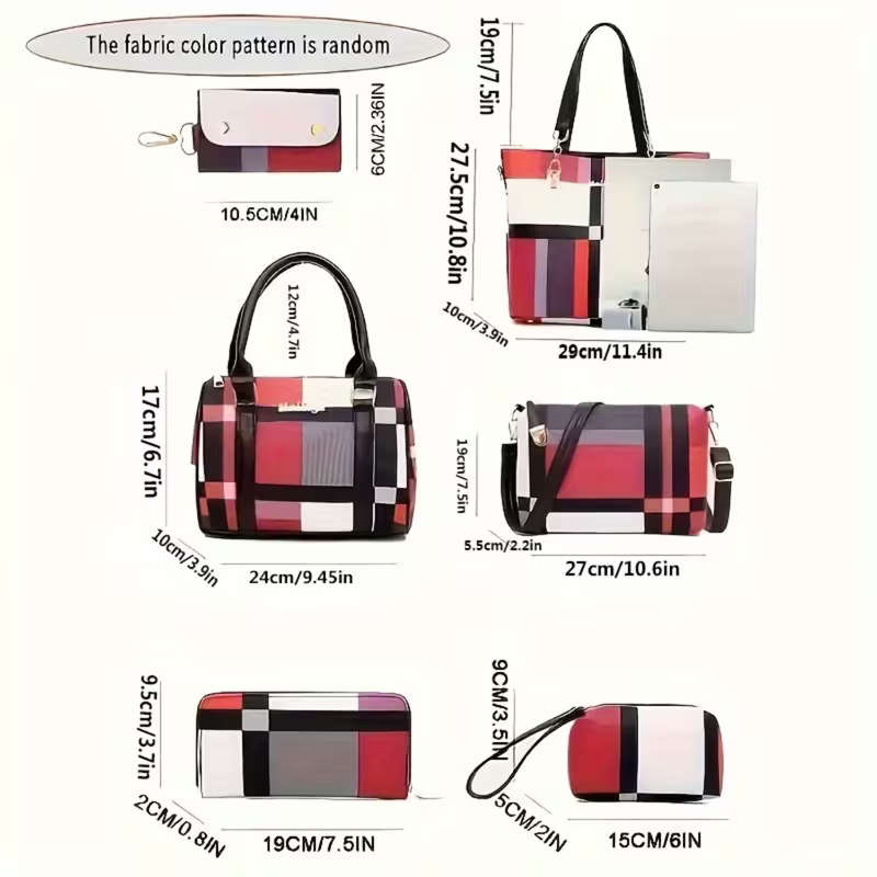 6Pcs Women Plaid Bag Set Tote Crossbody,Clutch Wallets