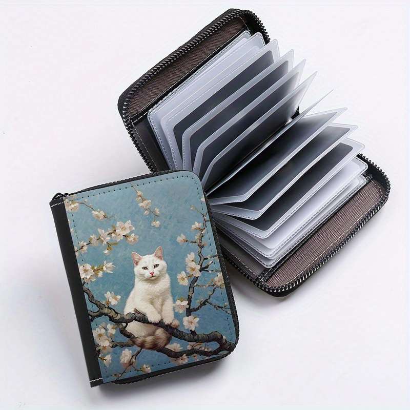Street Style Faux Leather Wallet With Geometric Cat On Tree Print Lightweight Unlined Zip