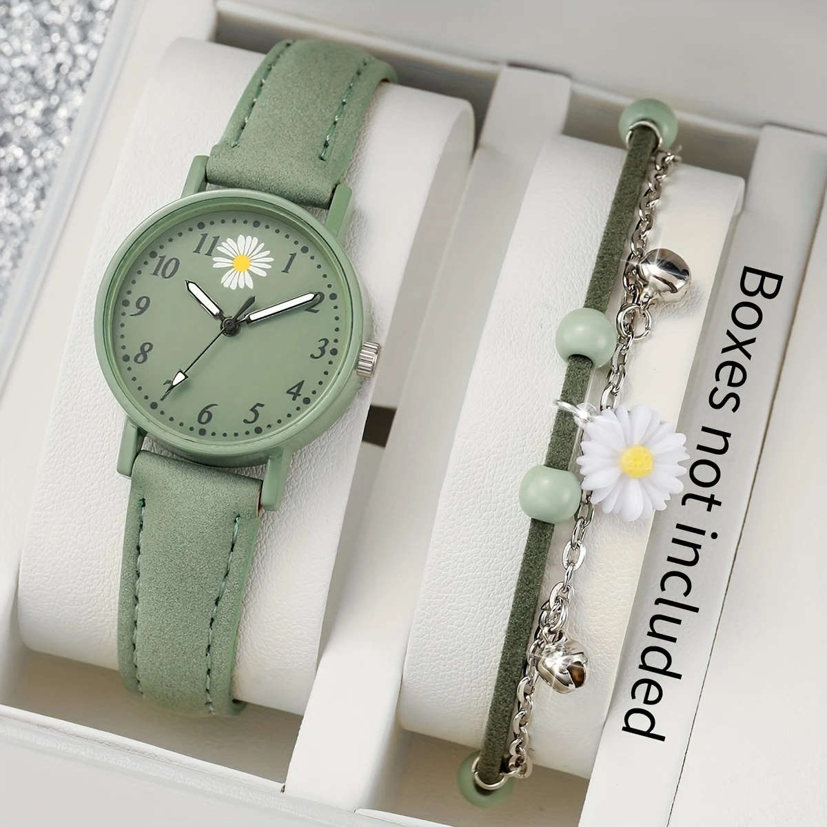 2pcs Set Women's Fashion Fresh Green Digital Flower Dial Quartz Watch Bracelet Without Watch Box Col