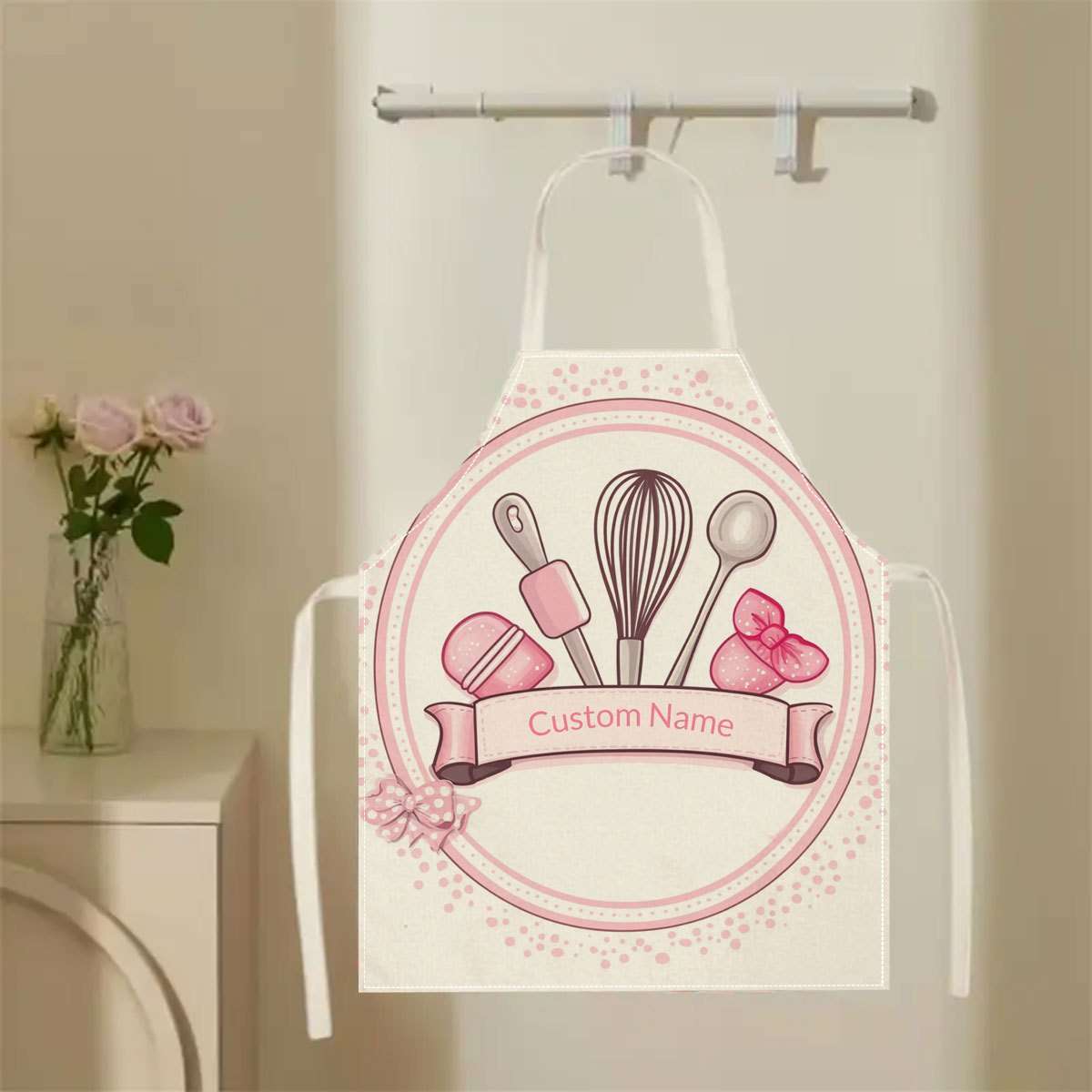 1pc Customizable Womens Chef Apron Personalized Name Linen Kitchen Apron with Whisk Culin
