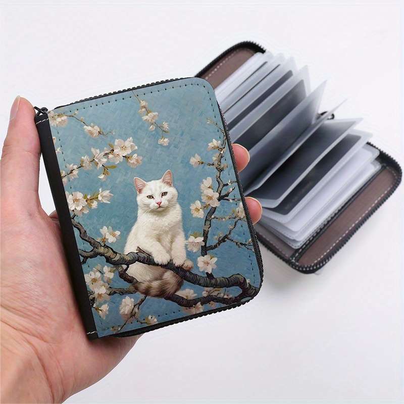 Street Style Faux Leather Wallet With Geometric Cat On Tree Print Lightweight Unlined Zip
