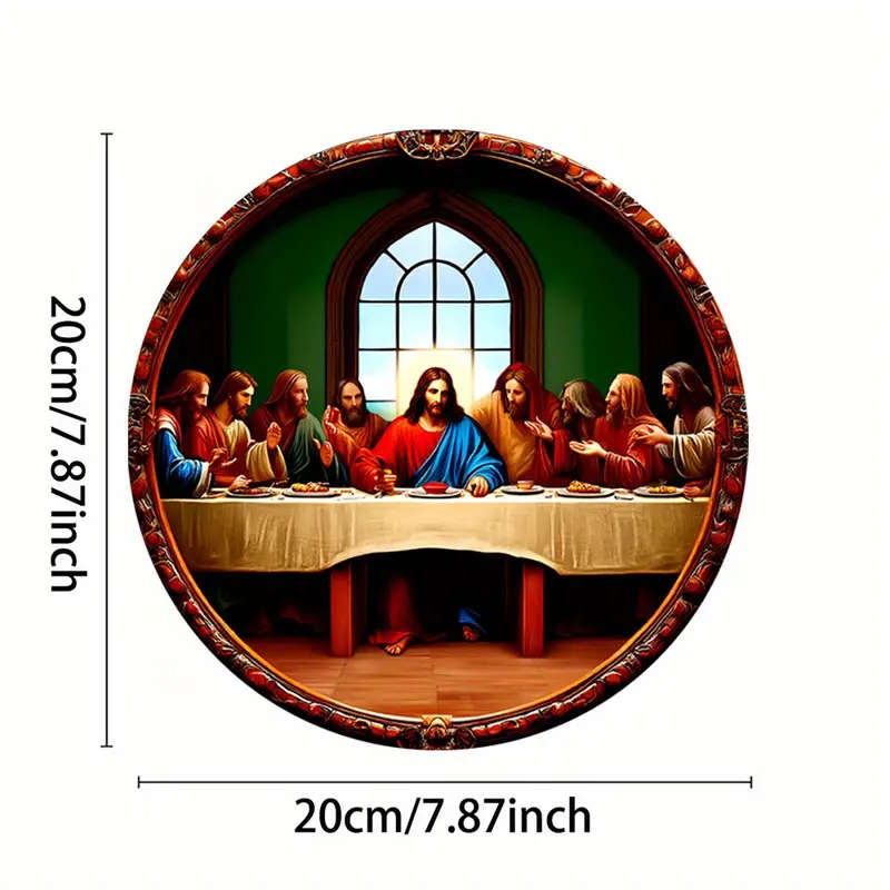 1pc Vintage Aluminum Last Supper Wall Art 19.81cm Round Sign with Stained Glass Design Waterproof Fa