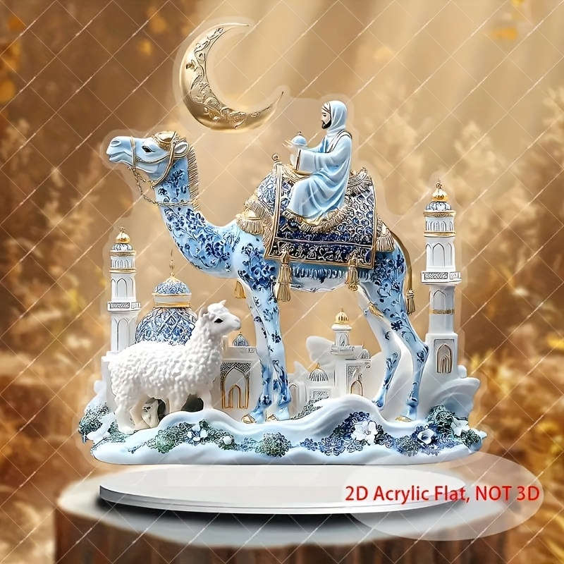 1pc 2D Flat  Acrylic Flat Traditional Mosque Shepherd Scene Decor with Camel Sheep Vibrant Blue