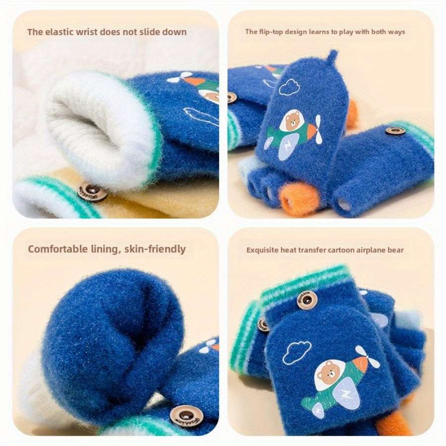 1 Pair Dark Blue Flexible Half Finger Flip Cover Warm Gloves