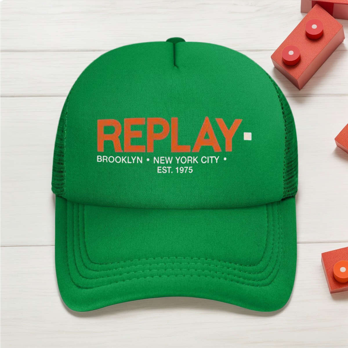 Replay Brooklyn 1975 Baseball Cap Adjustable Breathable Mesh Back Black With Orange Logo P