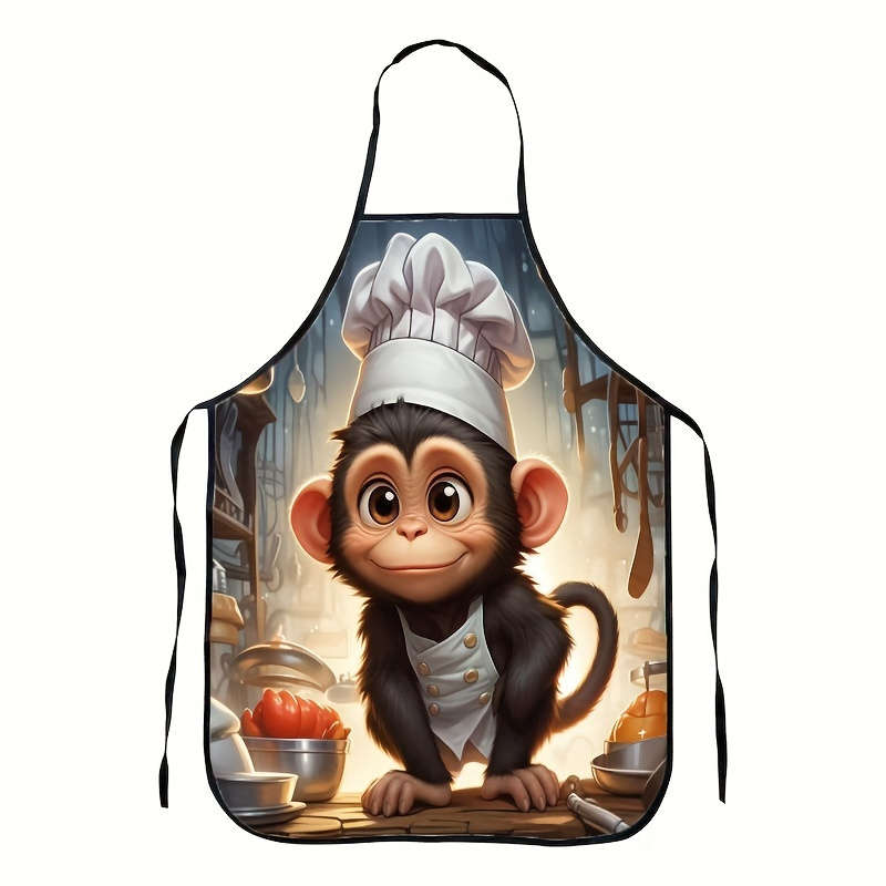 1pc Fun Monkey Chef Hat Printed Sleeveless Polyester Apron for Home Kitchen Baking Durable L