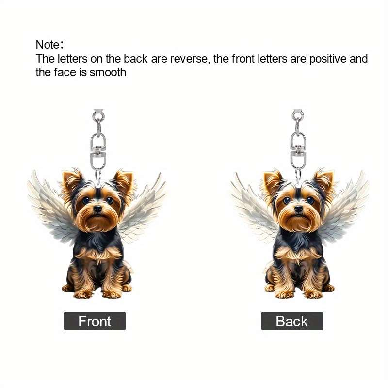 1pc 2D Flat Charming Yorkshire Terrier Acrylic Keychain with Angel Wings Cute  Design Transparent