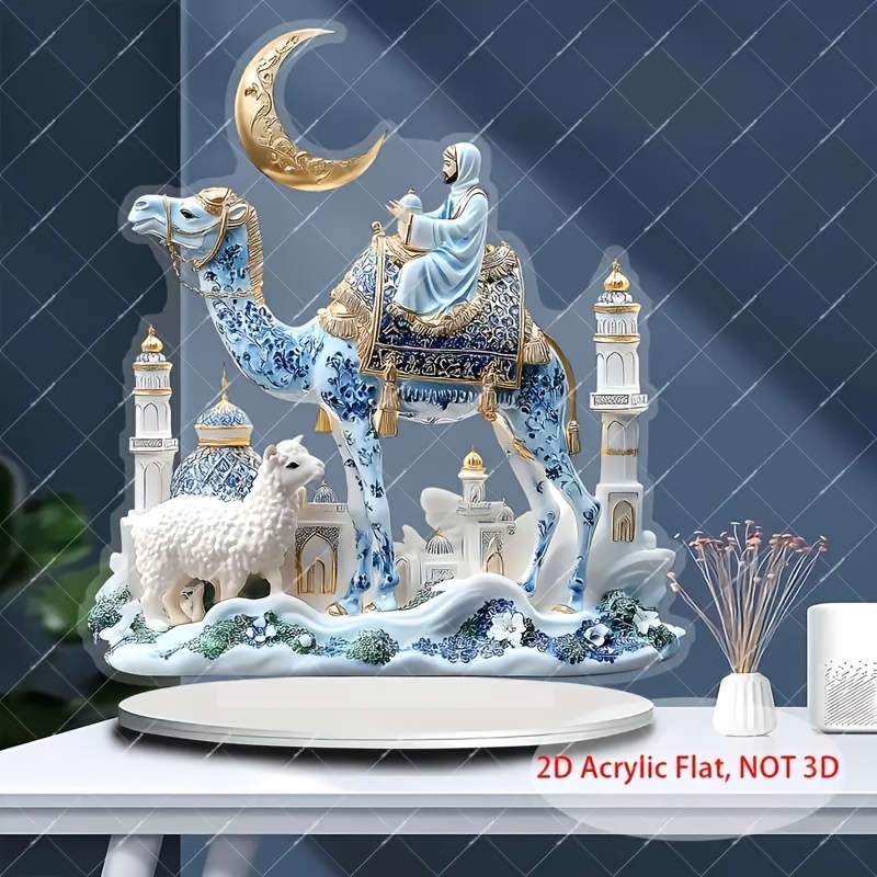 1pc 2D Flat  Acrylic Flat Traditional Mosque Shepherd Scene Decor with Camel Sheep Vibrant Blue