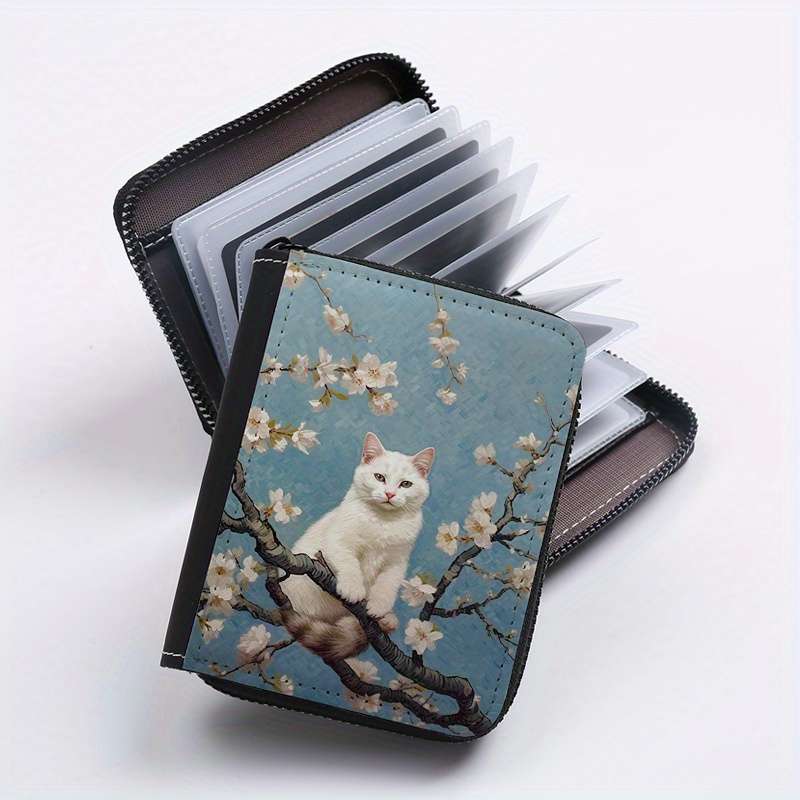 Street Style Faux Leather Wallet With Geometric Cat On Tree Print Lightweight Unlined Zip