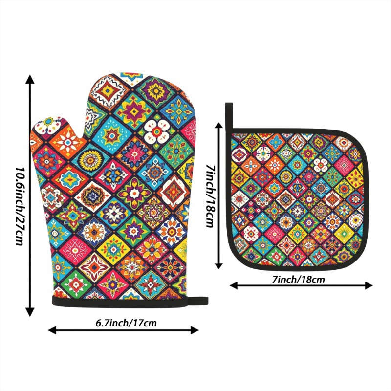 2pcs Floral Pattern Oven Mitts and Potholders Set Heat Resistant Polyester Kitchen Accessories