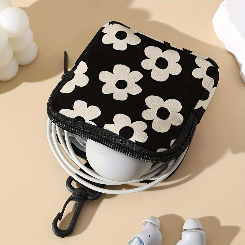1pc Chic Black White Floral Pattern Coin Purse with Zipper Large Capacity Multi-Functional Han