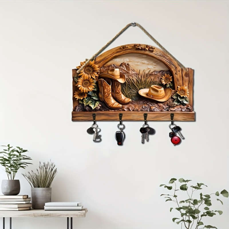 A Sunflower Cowboy Hat a Simple Colorful Wooden Key Hook with Four Metal Hooks (30.0cm X 24.99cm)