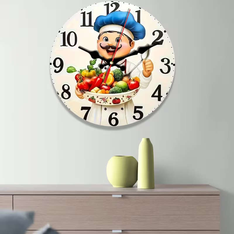 2D Flat Retro Kitchen Wall Clock Cartoon Chef and Vegetable Pattern Size 25cm