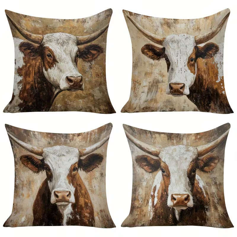 4 Piece Highland Cow Design Decorative Pillow Covers - Soft Polyester, 45.01cm x 45.01cm