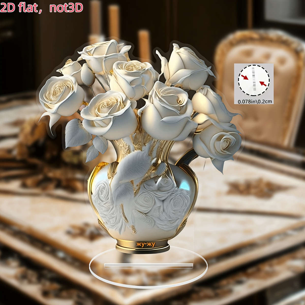 2D Flat Elegant Acrylic White Rose Desktop Decor With Golden Vase 18.01Cm X 16.69Cm Flora