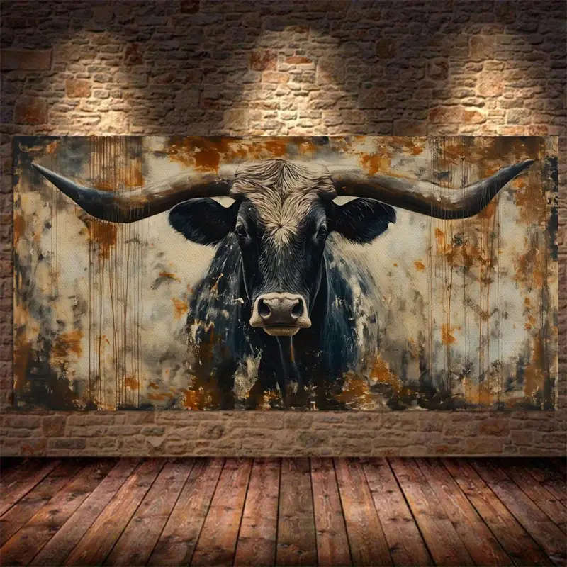 Rustic Longhorn Bull Canvas Art Print - Modern Farmhouse Wall Decor, Unframed