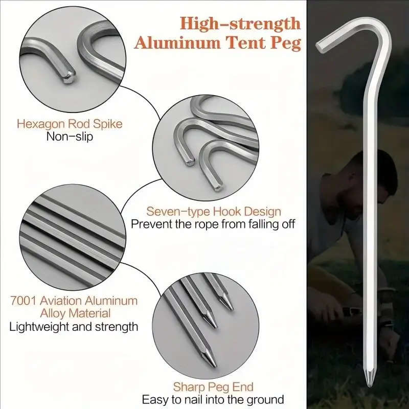 8 Pieces Metal Heavy Duty Tent Pegs with Hooks