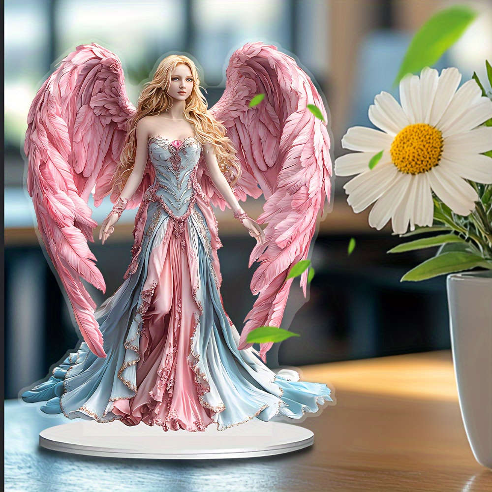1pc 2D Flat   Bohemian Angel Figurine with Pink Wings Acrylic Desktop Decor Elegant Paste