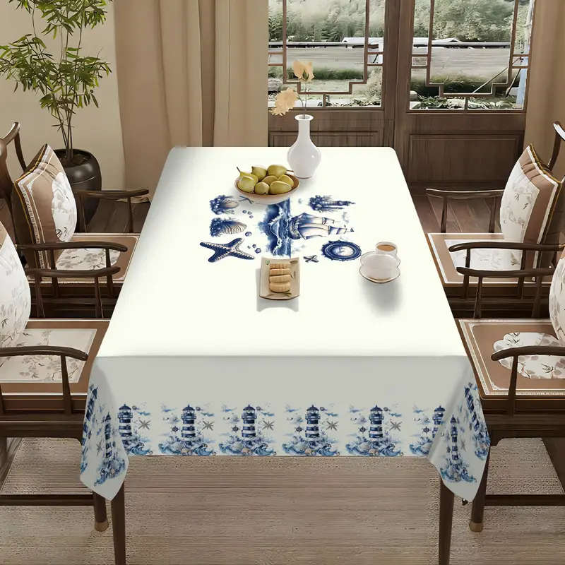 Sailboat Starfish Shell Lighthouse Pattern Table Runner Size 140X180Cm Ocean Theme Polyester